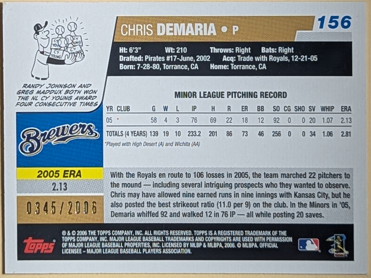 2006 Topps Opening Day #156 Chris Demaria Red Foil Milwaukee Brewers RC /2006 image 2
