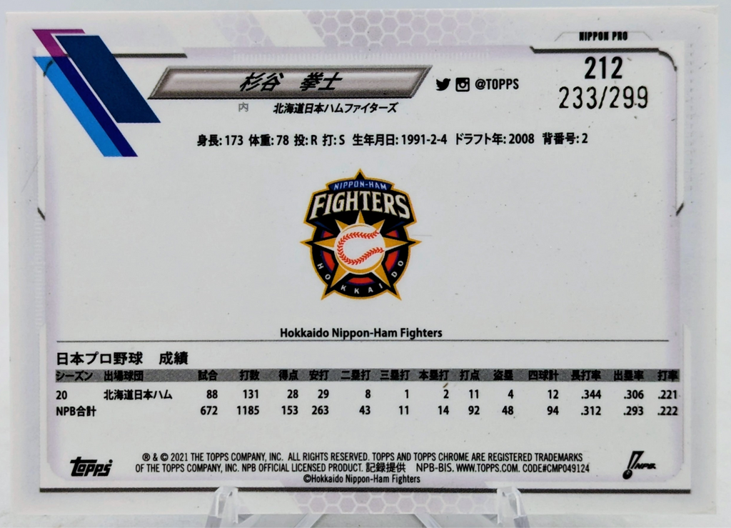 2021 Topps Chrome Kenshi Sugiya Purple Refractor /299 #212 Nippon-Ham Fighters image 2