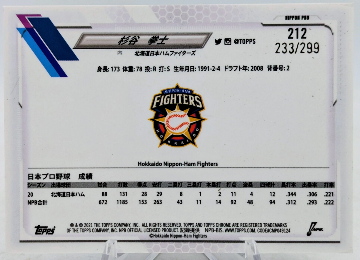 2021 Topps Chrome Kenshi Sugiya Purple Refractor /299 #212 Nippon-Ham Fighters image 2