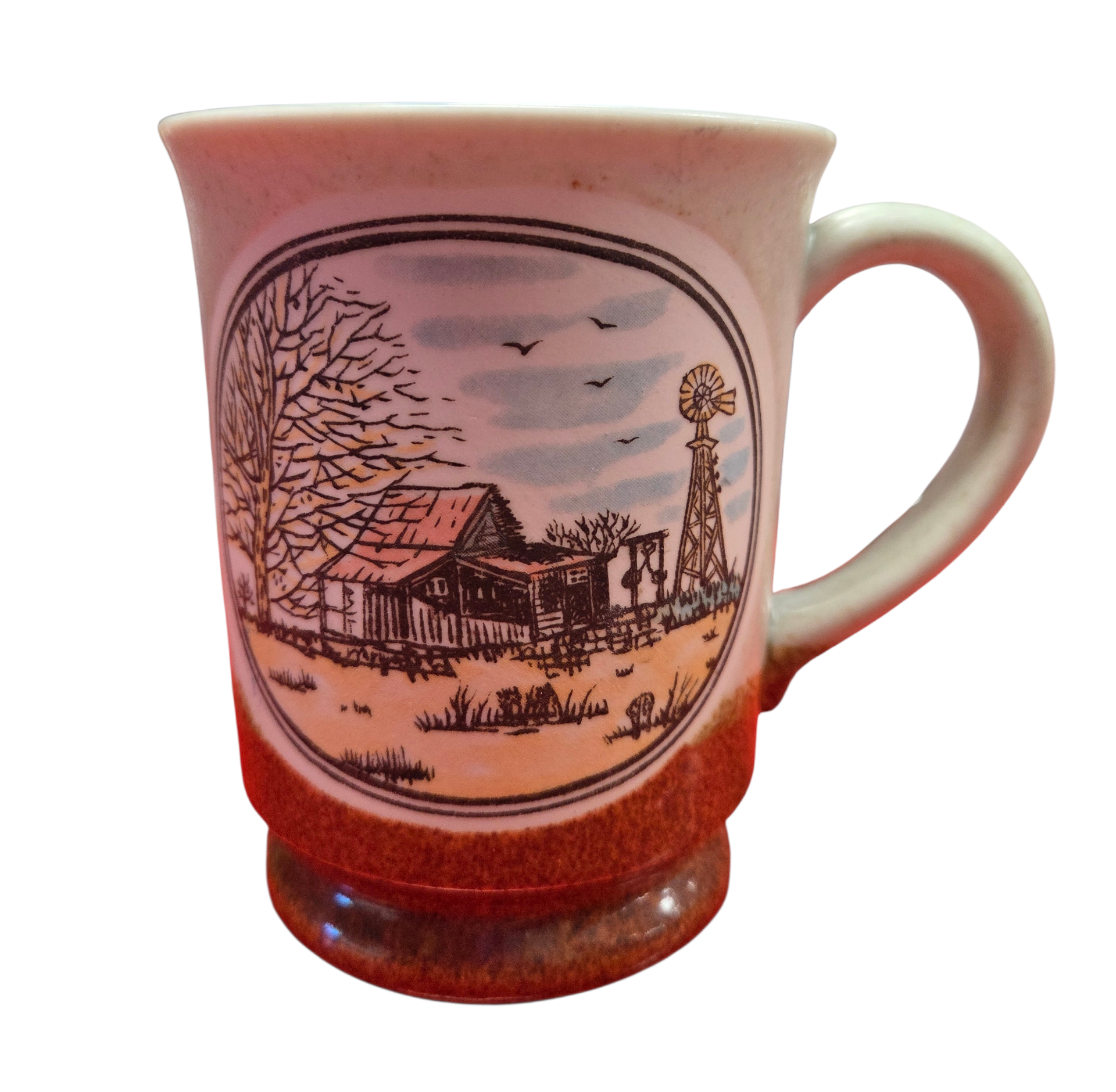 Vintage Coffee Mug Farmhouse Windmill Scene Two Tone Ceramic Cup