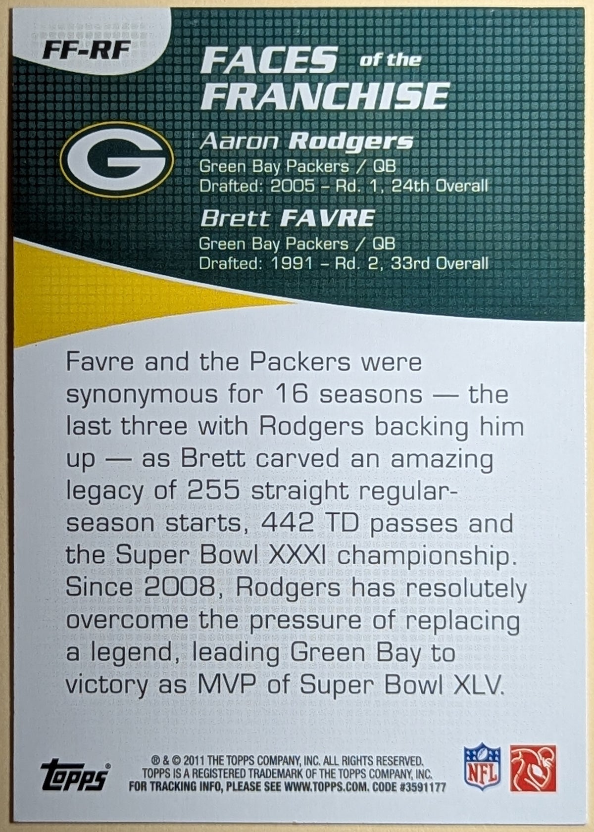 2011 Topps #FF-RF Aaron Rodgers / Brett Favre Packers Faces of the Franchise image 2
