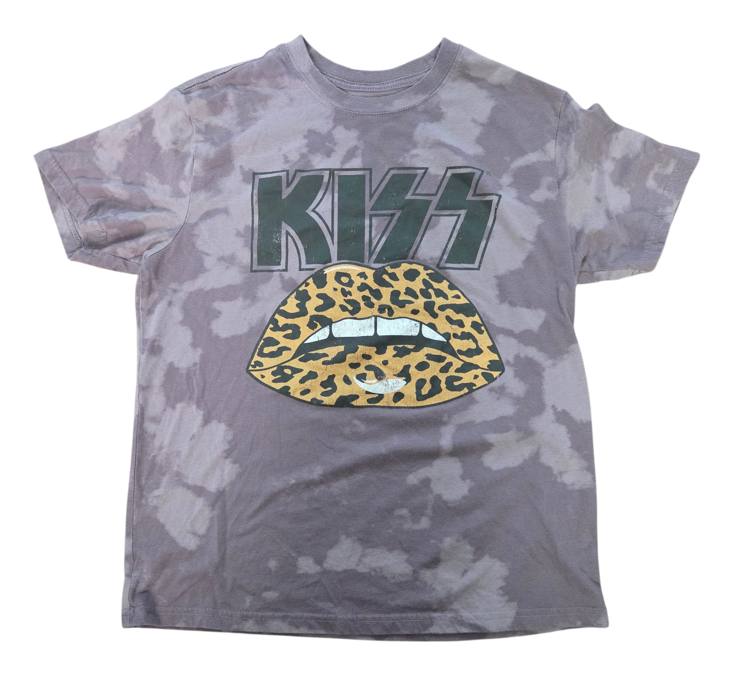 Kiss Band Leopard Print Lips Tie Dye Bleach Wash Purple Medium T-Shirt