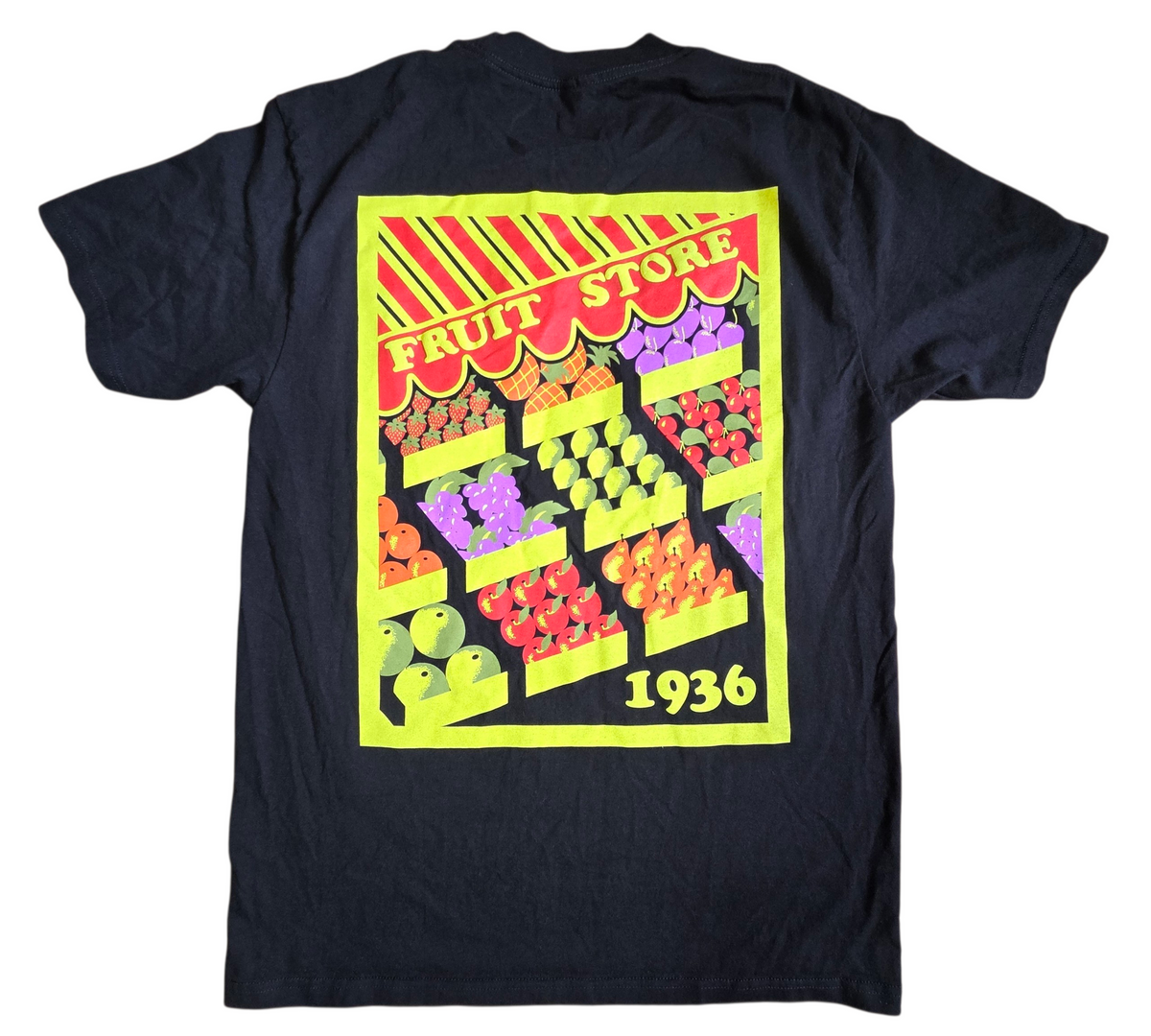 Brandmakers Vintage Fruit Store 1936 Poster Black T-Shirt Front & Back Medium image 2
