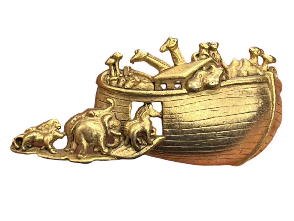 Vintage AJC Signed Noah's Ark 3D Animals Ship Gold Tone Brooch Pin