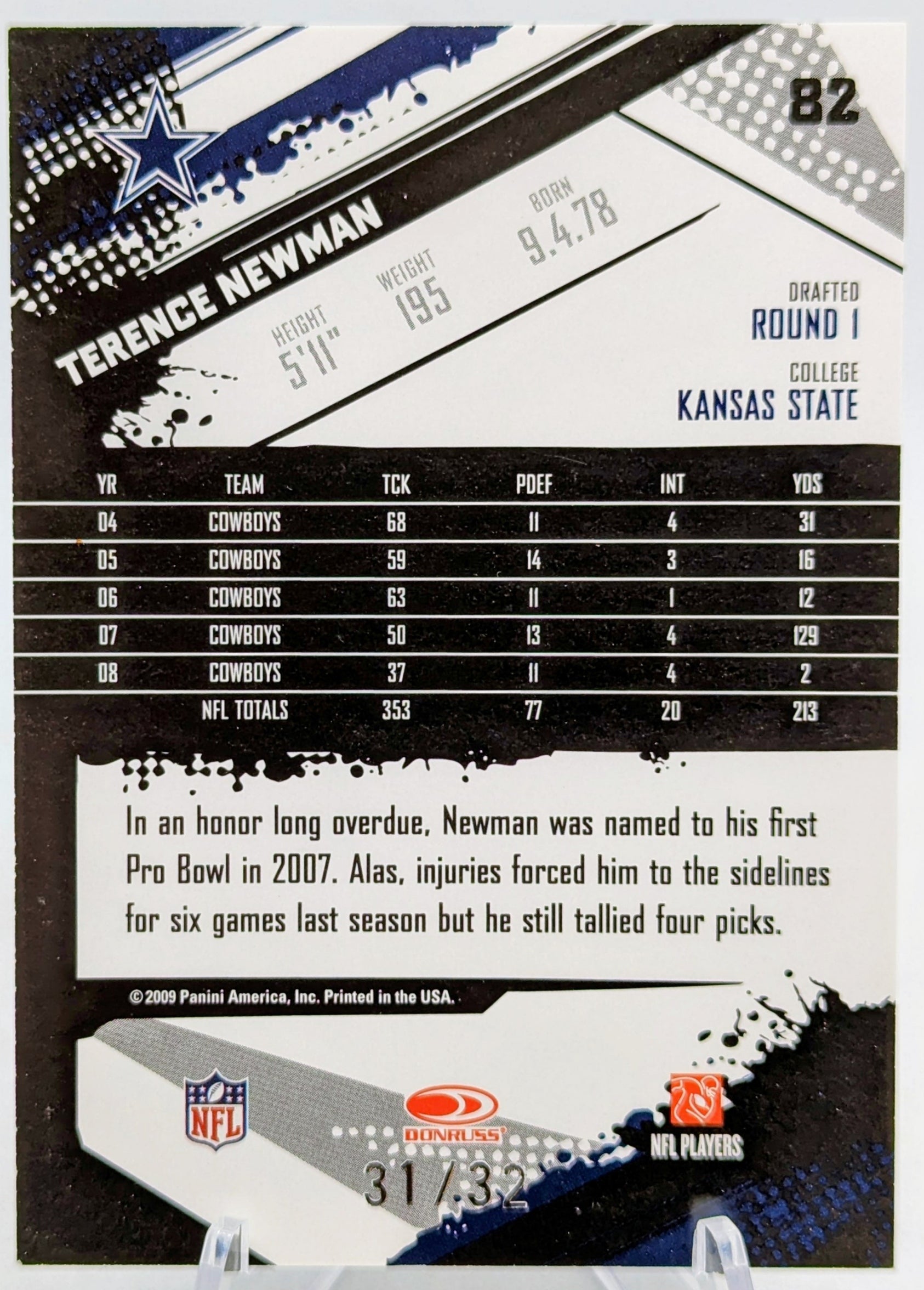 2009 Score Artist Proof Dallas Cowboys #82 Terence Newman /32 Football Card image 2