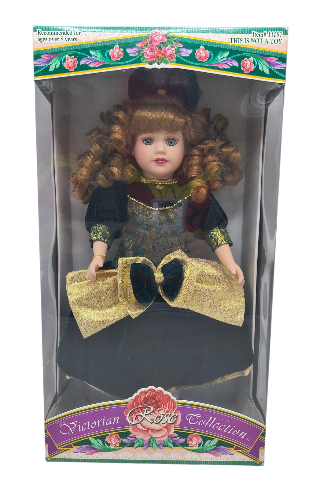 1997 Brass Key Melissa Jane Victorian Rose Green Dress w/ Gold Bow 16" Doll