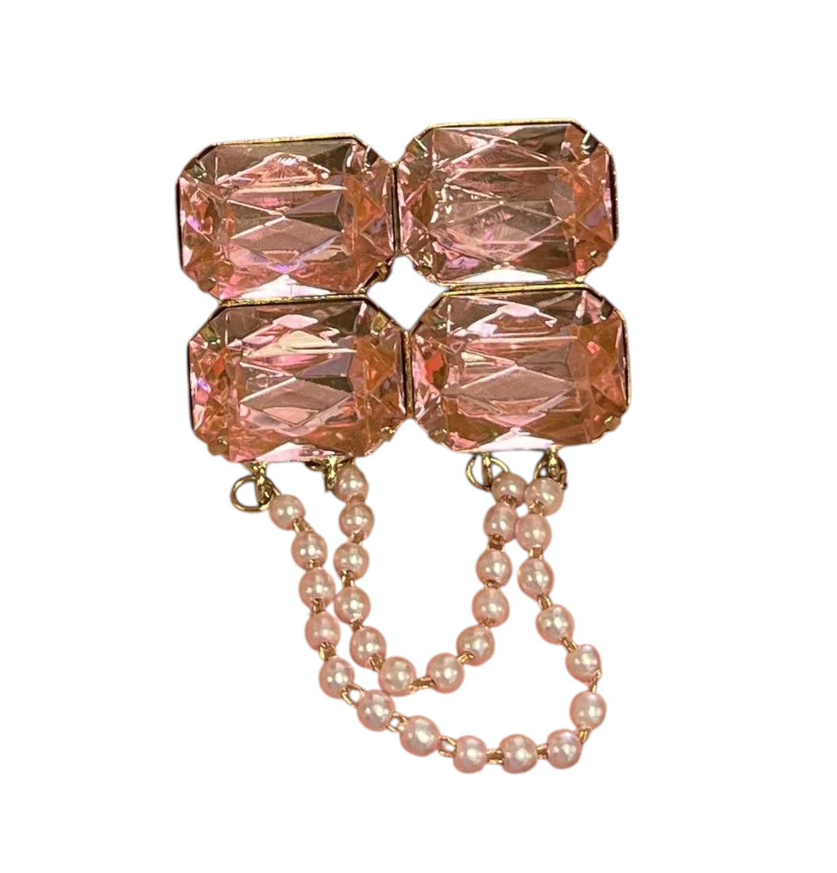 Vintage Gold Tone And Pink Rhinestone Brooch w/ Faux Pearl Dangle Pin