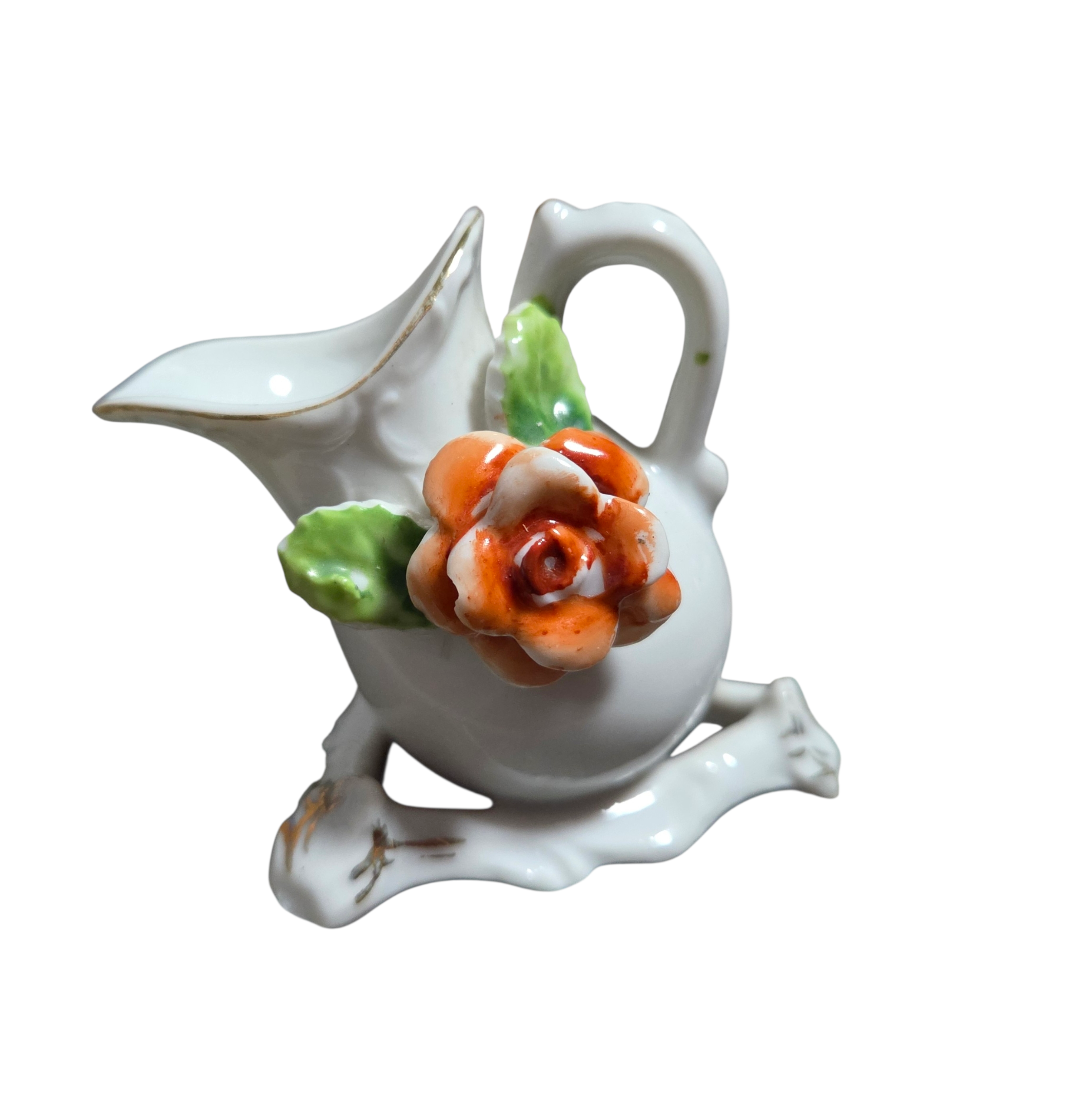 Vintage Red Letter Japan Miniature Porcelain Pitcher w/ Carved Rose On Branches