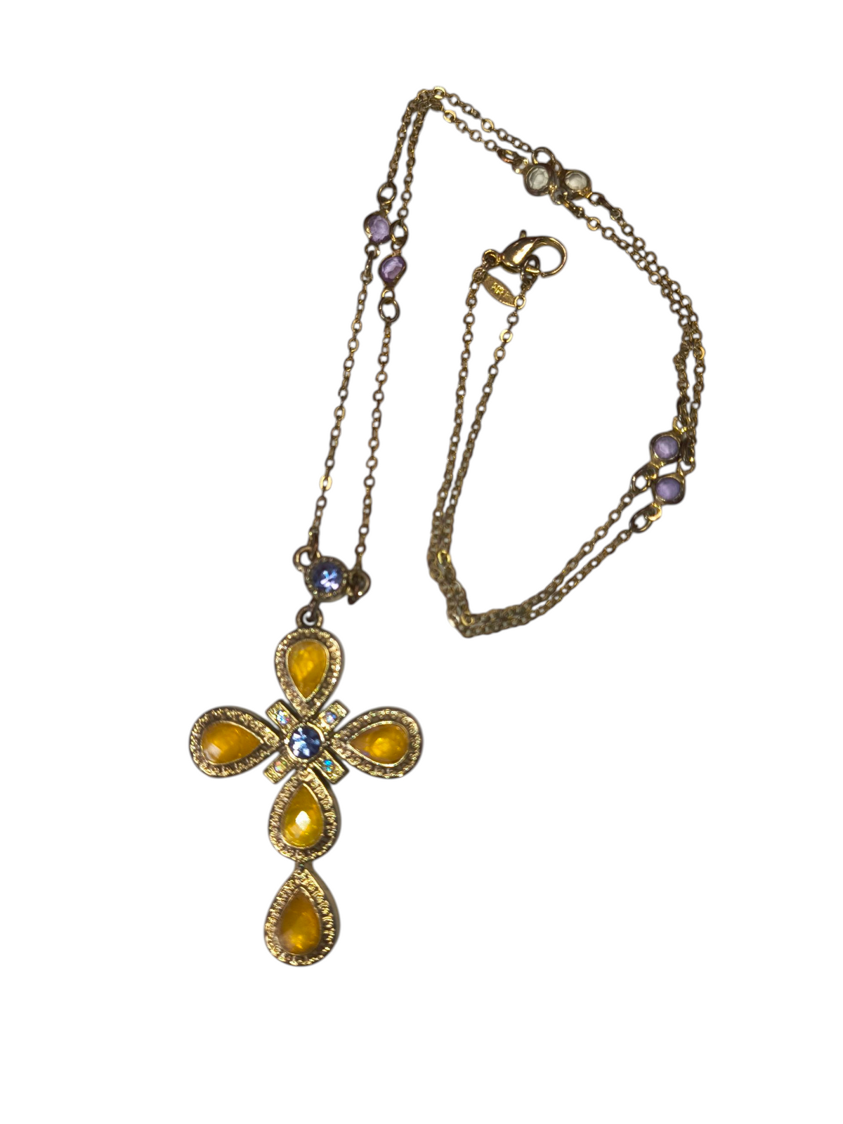 Vintage Nina Ricci Avon Cross Pendant Rhinestones Purple and Yellow Necklace image 3
