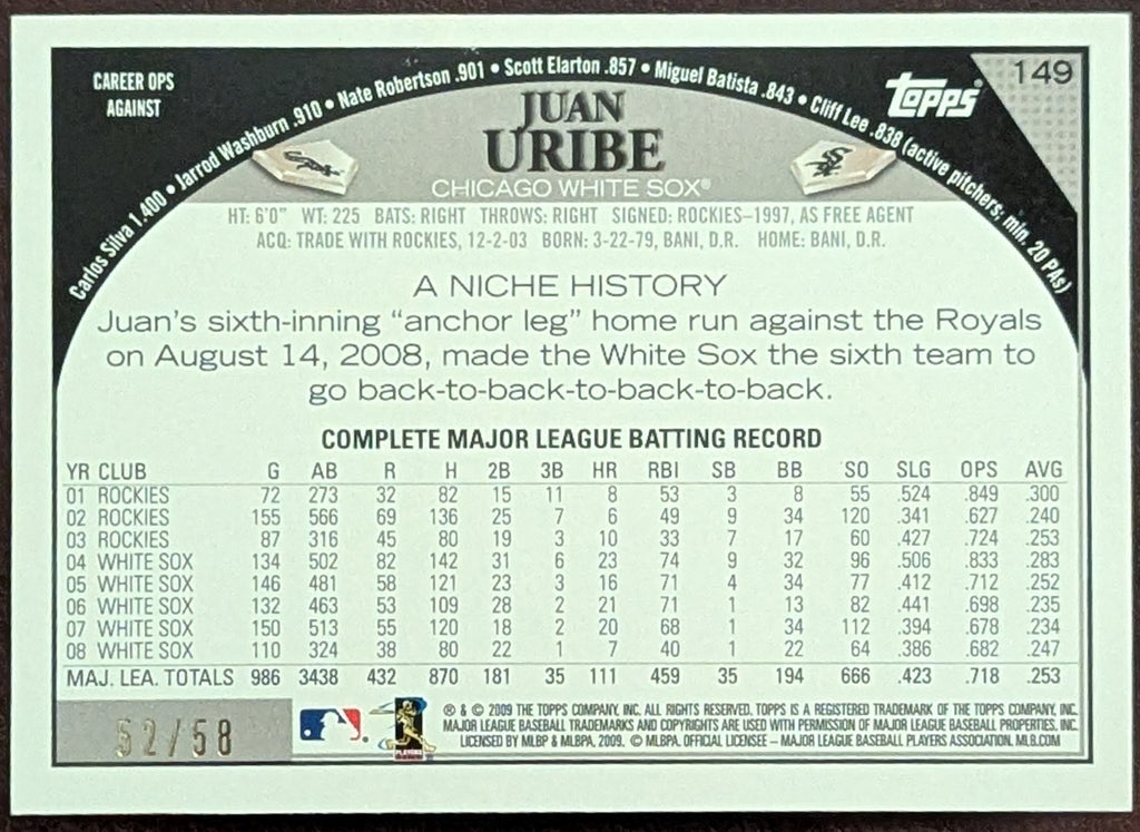 2009 Topps Juan Uribe Black Border /58 #149 White Sox image 2
