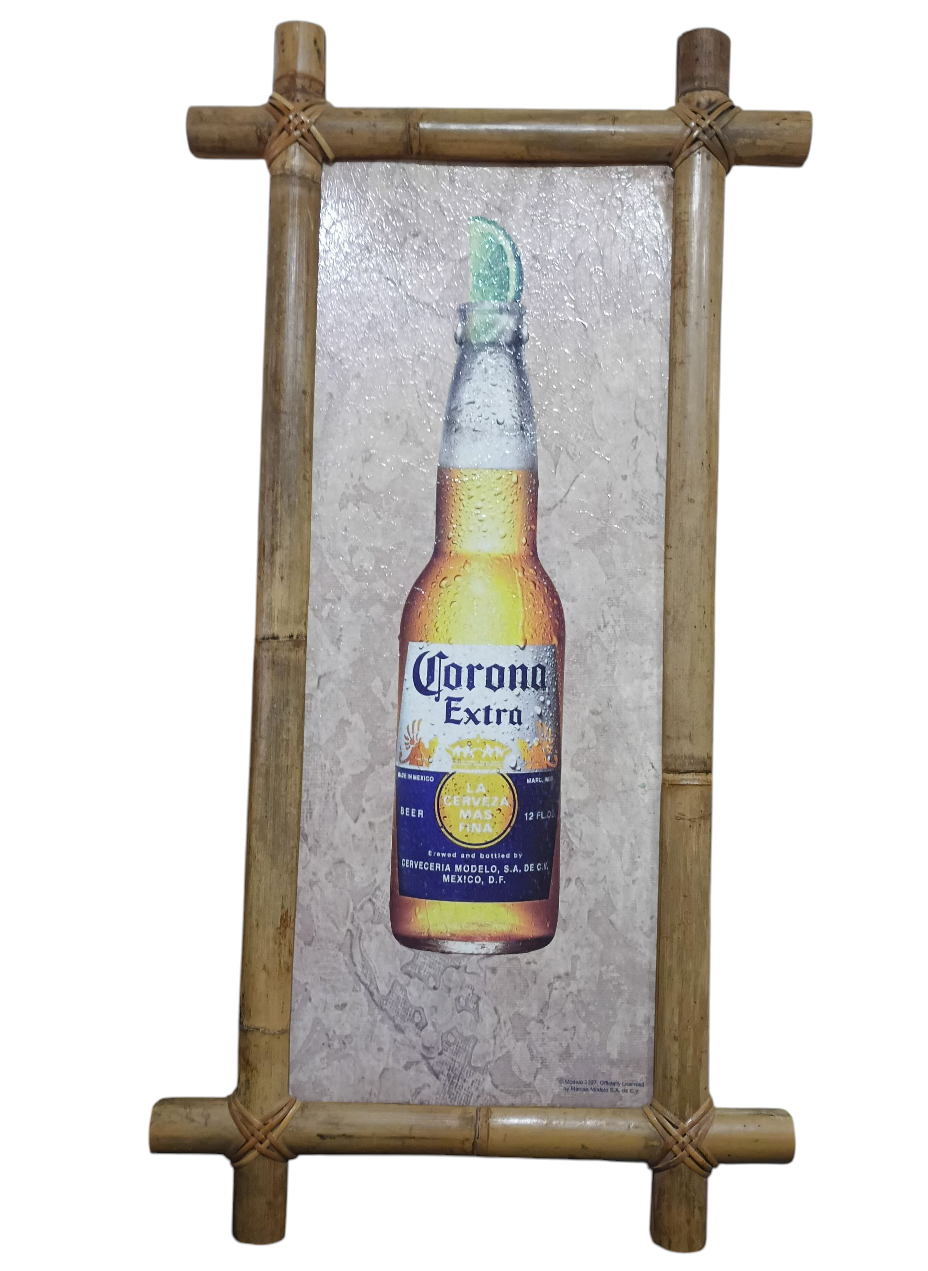 2007 Corona Extra Beer Bottle Sign Bamboo Wood Framed 25" Tall Tiki Bar Decor