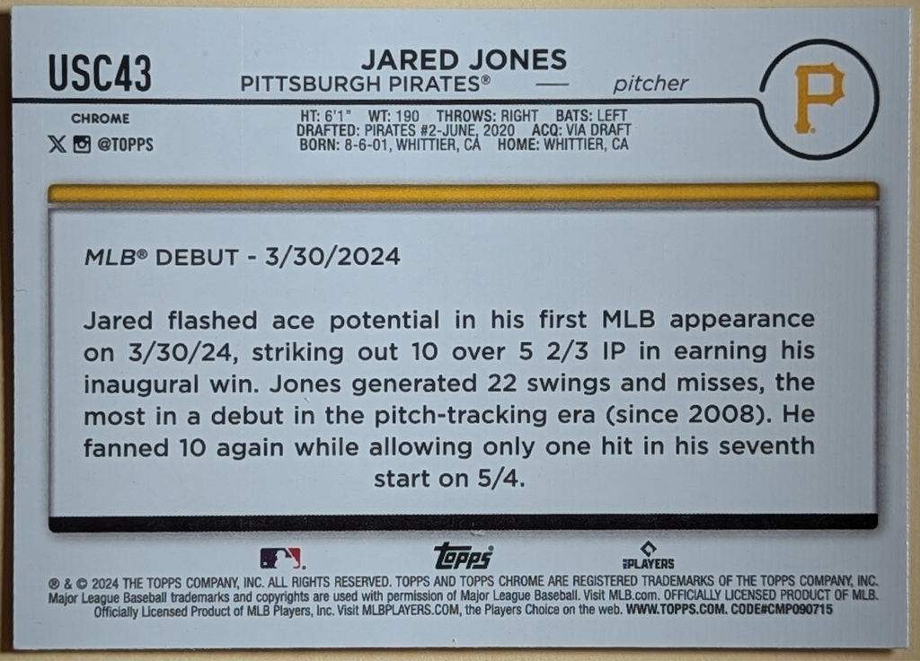 2024 Topps Chrome Update #USC43 Jared Jones Pirates X-Fractor RC Debut image 2