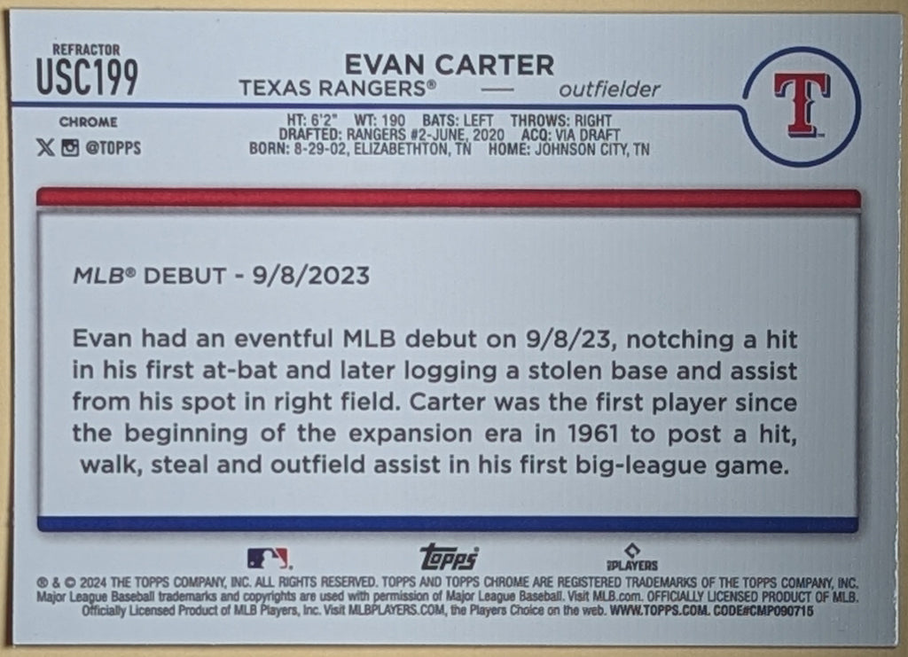 2024 Topps Chrome Update Evan Carter Prism Refractor Debut #USC199 Texas Rangers image 2