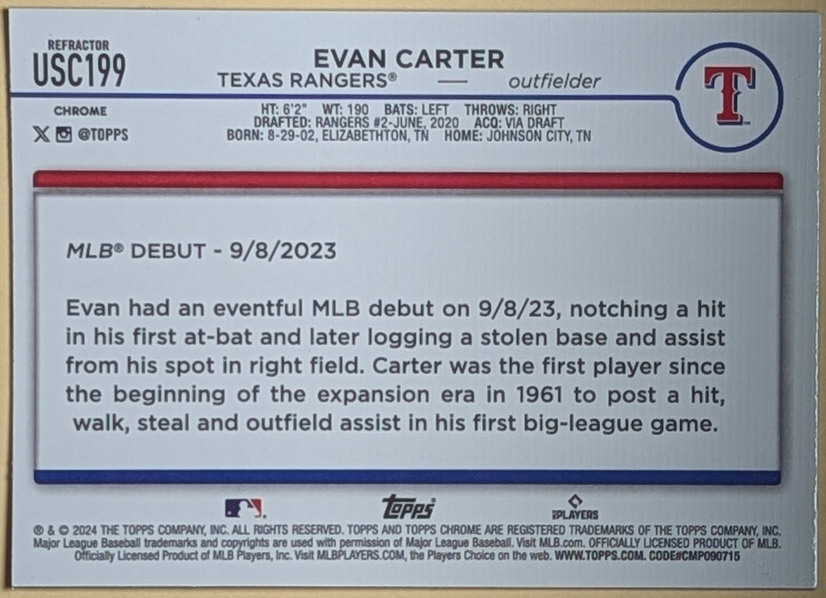 2024 Topps Chrome Update Evan Carter Prism Refractor Debut #USC199 Texas Rangers image 2