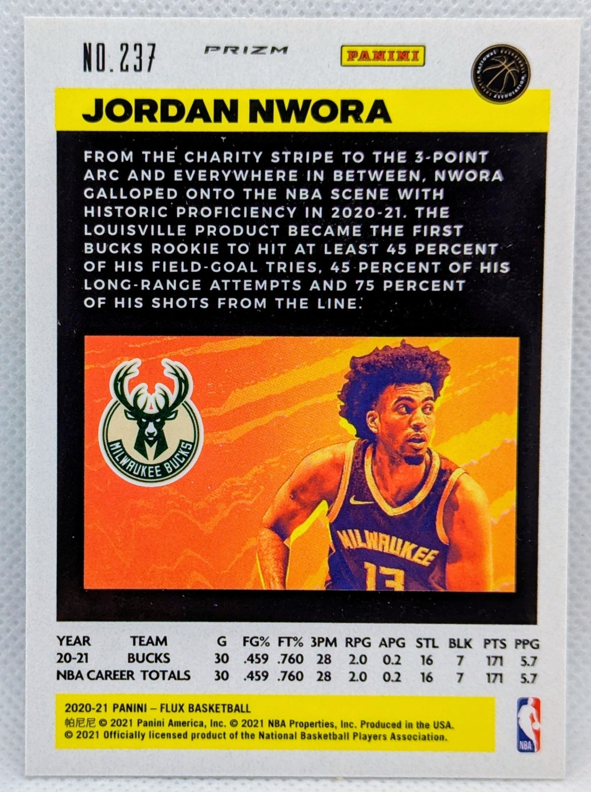 2020-21 Panini Flux Basketball Jordan Nwora #237 Bucks Rookie Chrome Base Card image 2