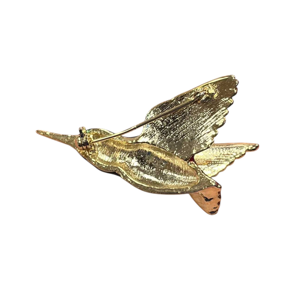 Gold Tone Clear Rhinestones Blue, Green and Red Enamel Hummingbird Brooch Pin image 2