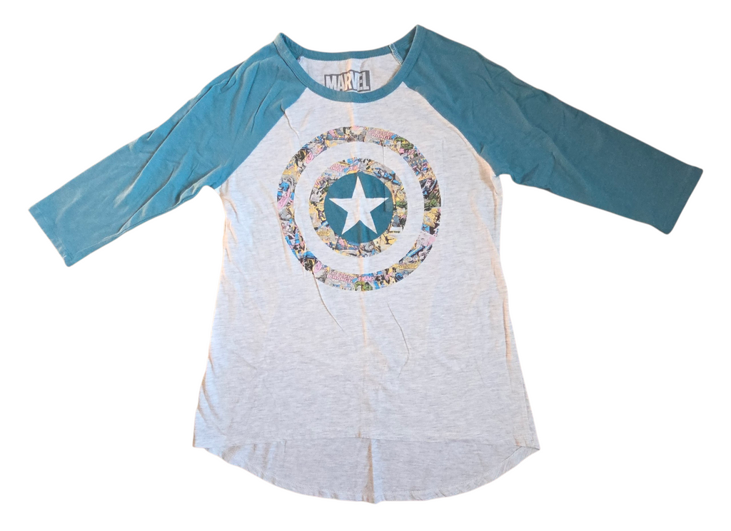 Marvel Comics Captain America Blue/Grey Comic Logo Raglan Womens Medium Shirt