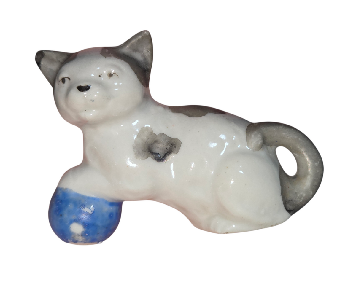 Vintage Made In Japan White And Grey Cat With Red Bow and Blue Ball