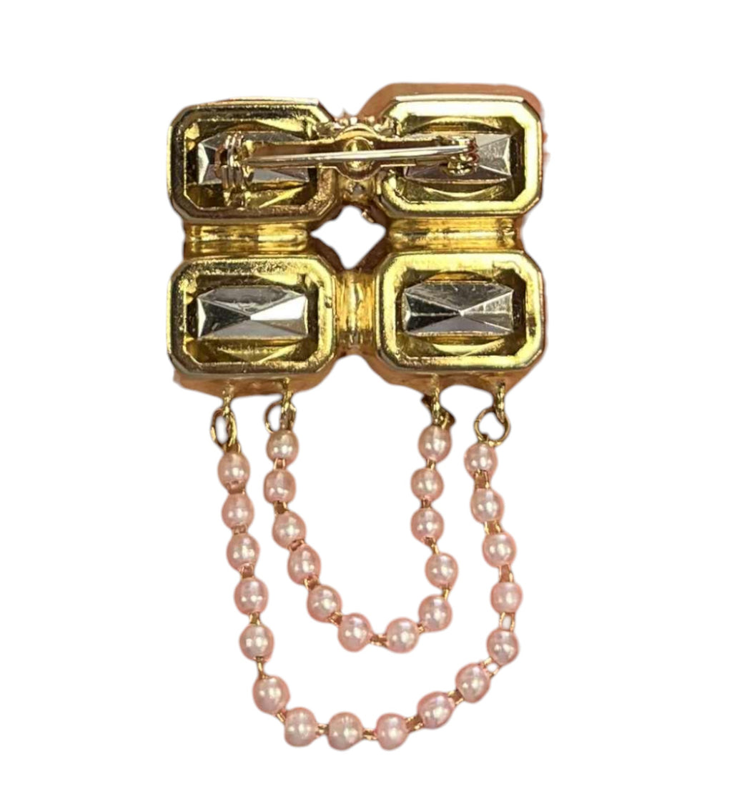 Vintage Gold Tone And Pink Rhinestone Brooch w/ Faux Pearl Dangle Pin image 2