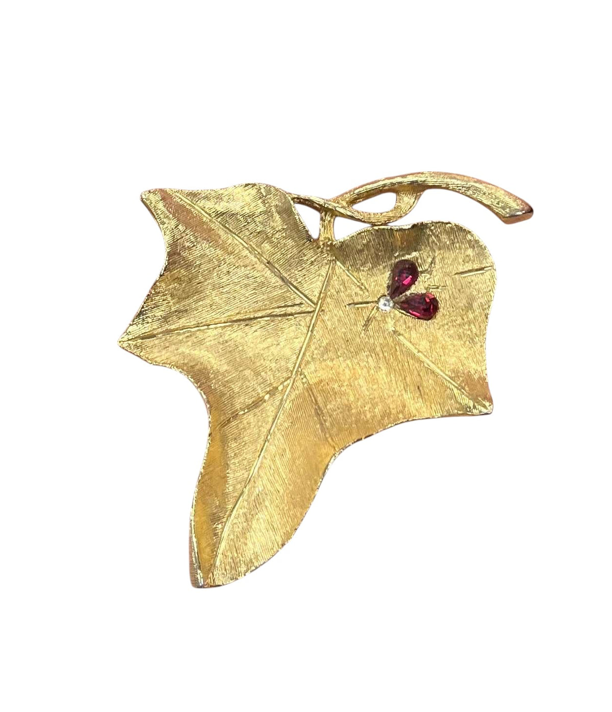 Vintage Leaf w/ Tiny Red Rhinestone Butterfly Brushed Gold Tone Large Brooch Pin