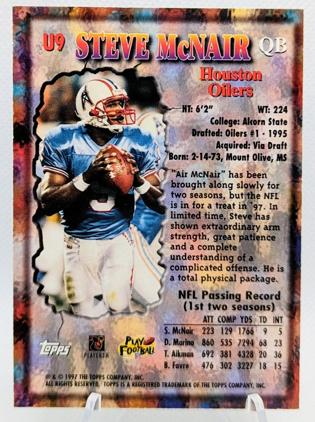 1997 Topps Underclassmen Steve McNair Insert Card #U9 Houston Oilers image 2