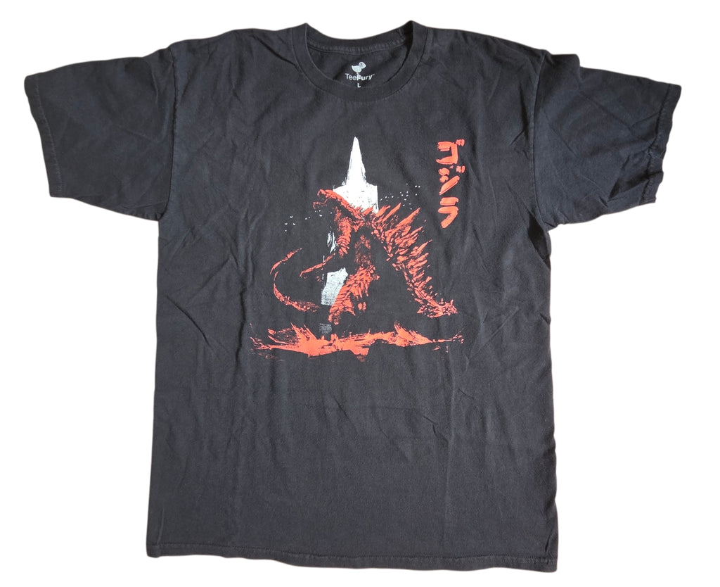 Teefury Godzilla Japanese Kanji Red Silhouette Black T-Shirt Size Large