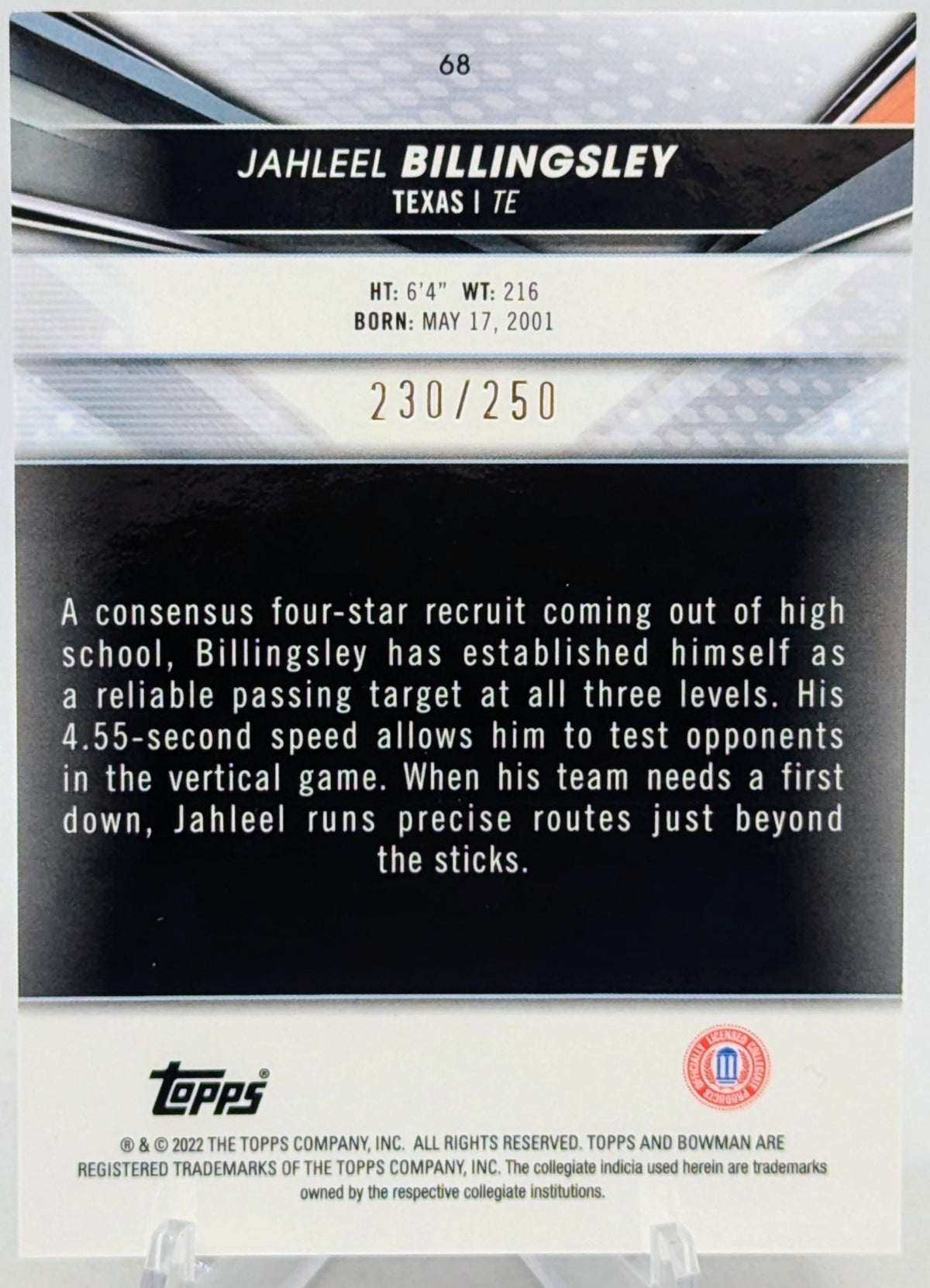 2022 Bowman's Best University Purple Refractor #68 Jahleel Billingsly /250 Texas image 2
