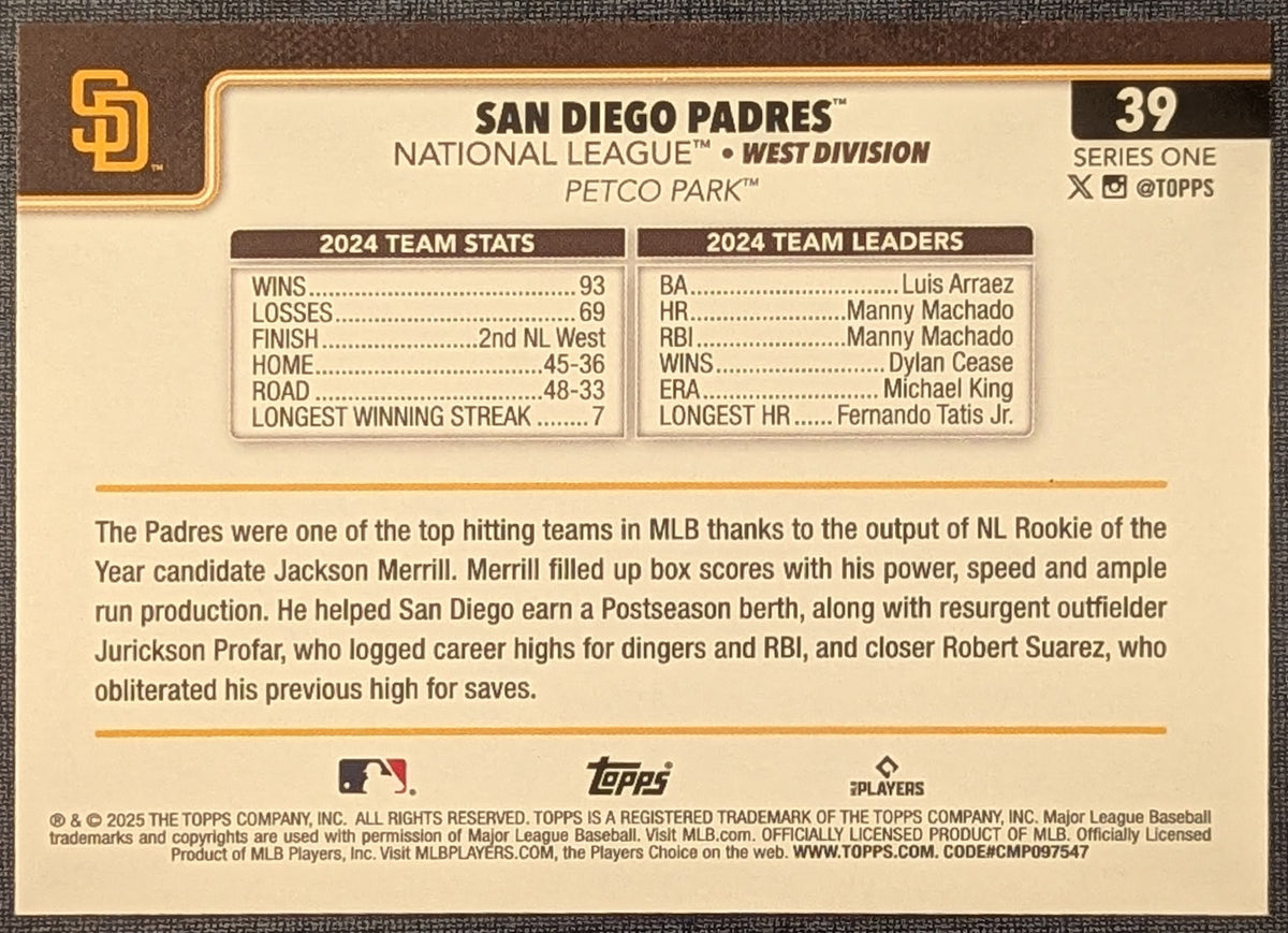2025 Topps Series 1 Rainbow Foil San Diego Padres Team Card #39 image 2