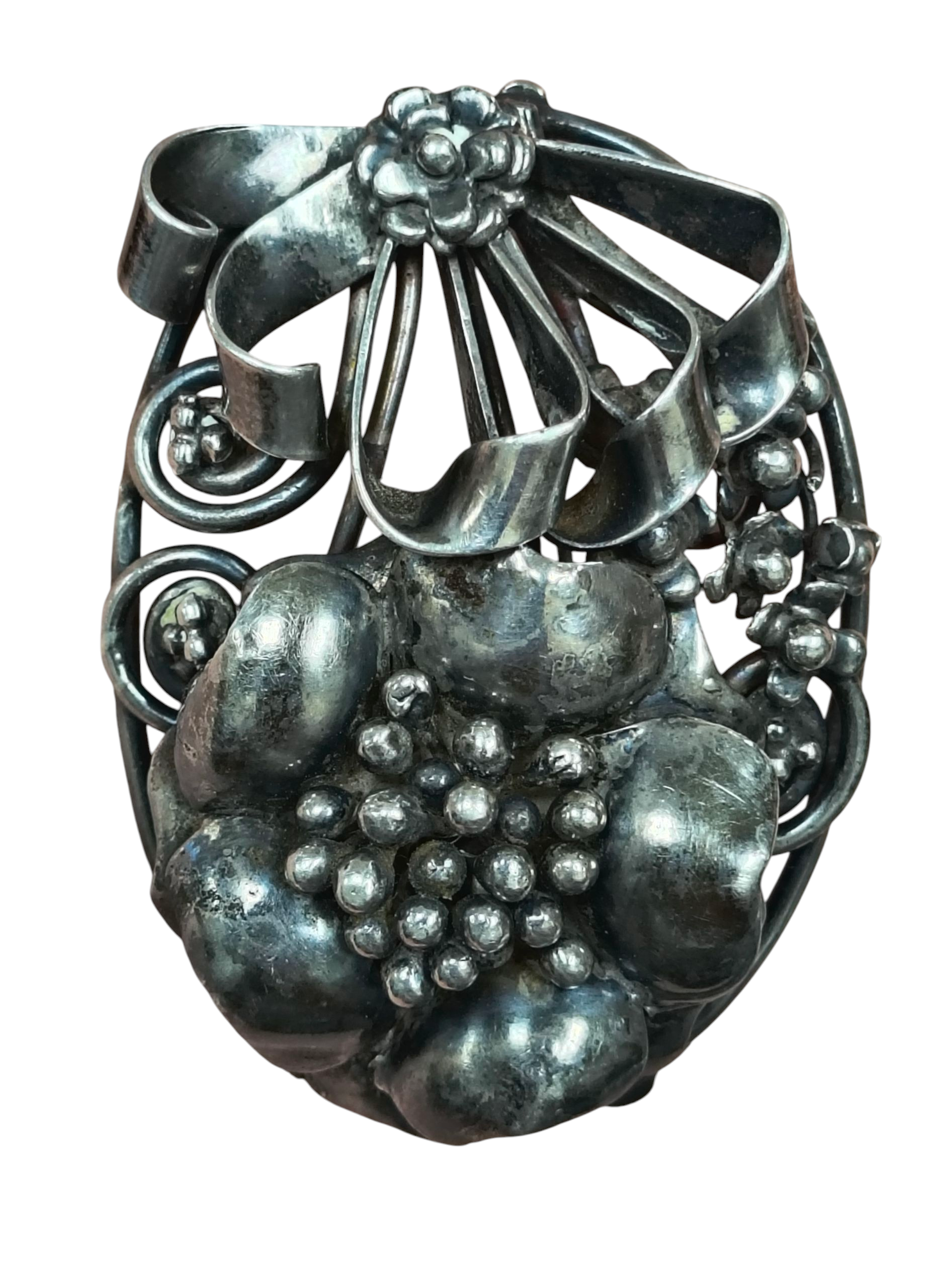 1940's S Design Hobe Sterling Silver Floral Swirl Stem Bouquet Oval Pin Brooch