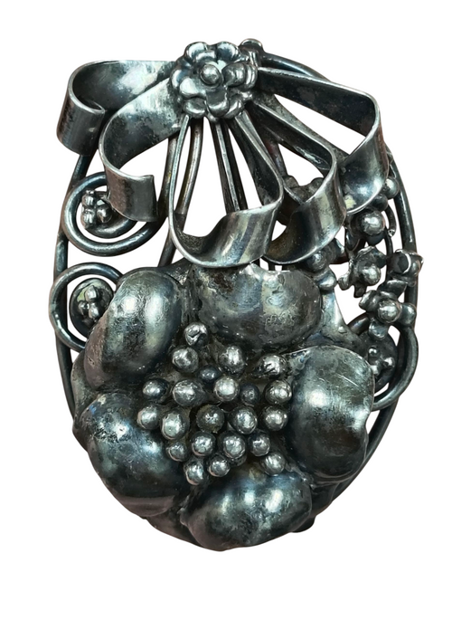 1940's S Design Hobe Sterling Silver Floral Swirl Stem Bouquet Oval Pin Brooch