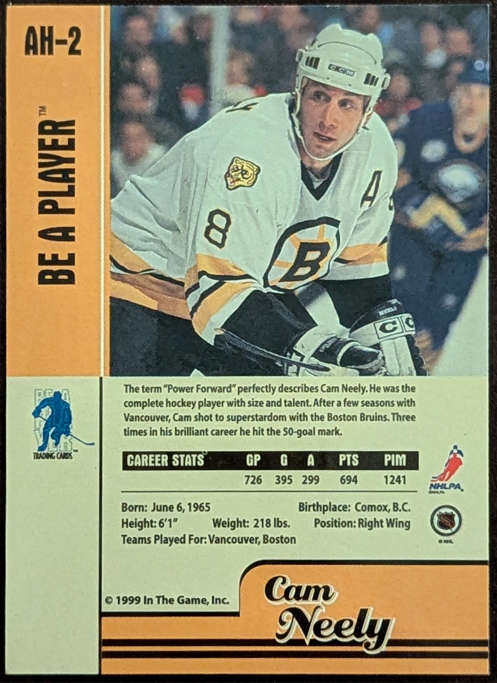 1999-00 ITG Be A Player Memorabilia American Hobby Cam Neely #AH-2 HOF image 2
