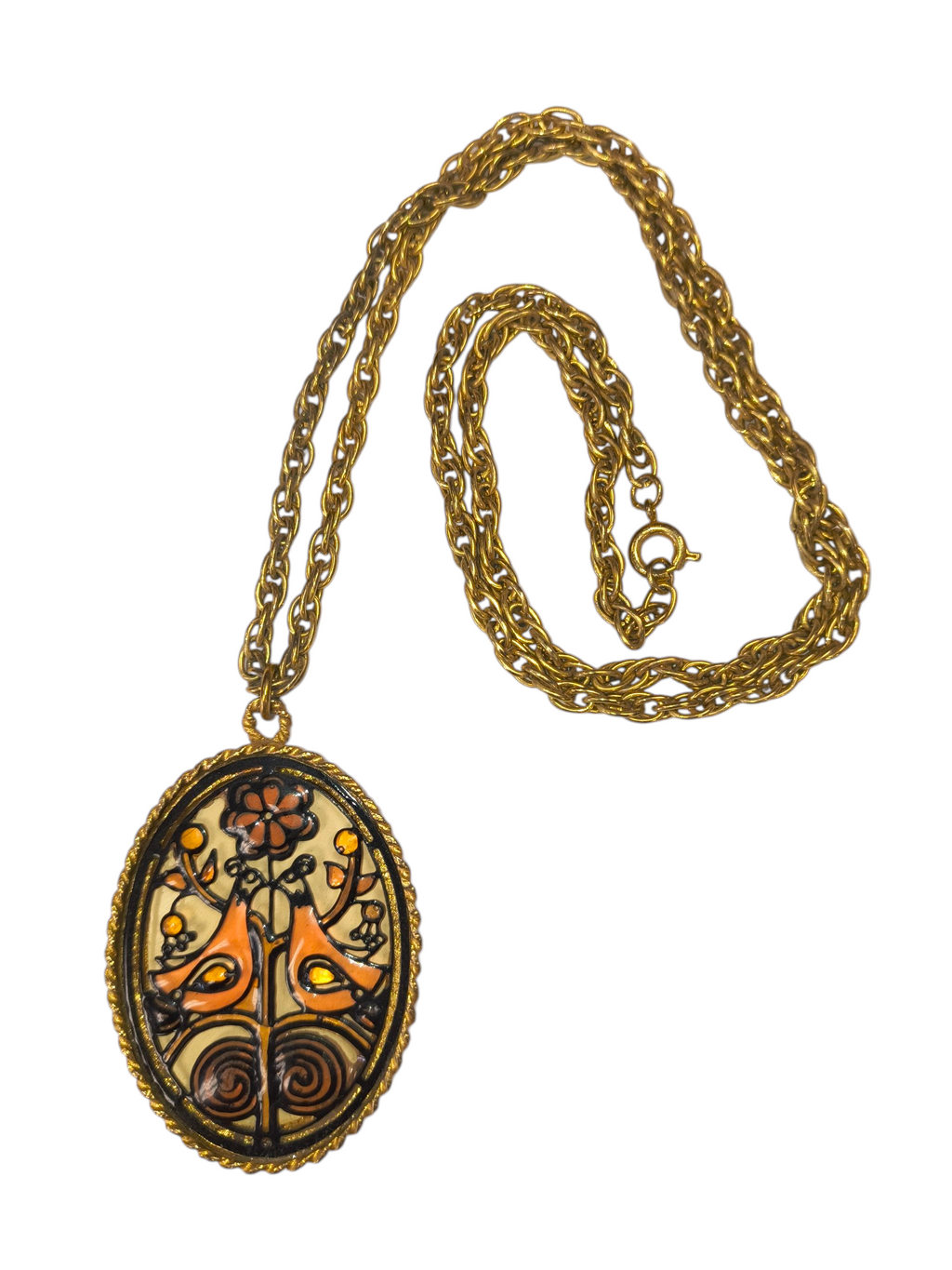Vintage Gold Tone Faux Stained Glass Floral Kissing Birds Braided Edge Necklace image 2