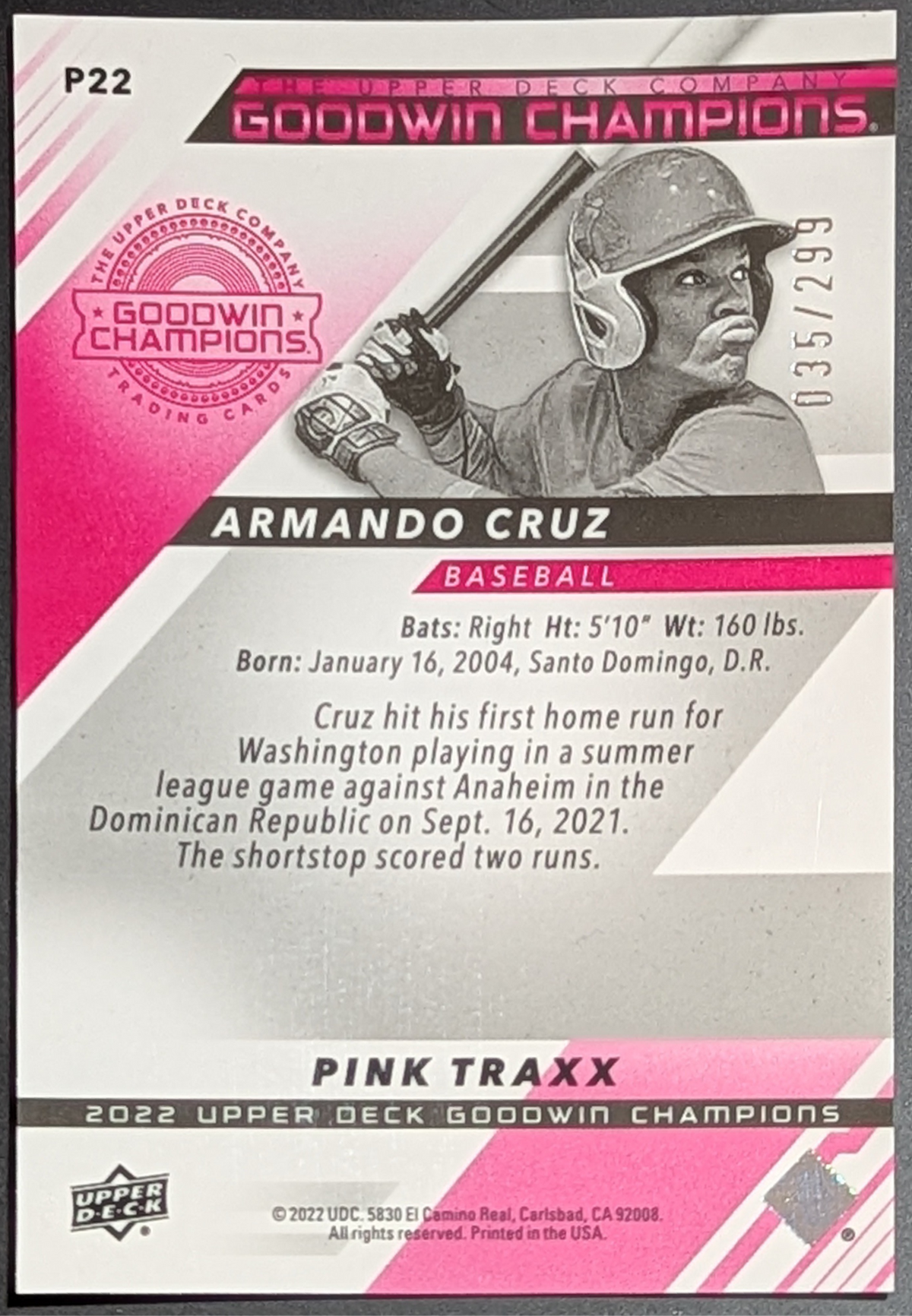 2022 Upper Deck Goodwin Champions Platinum Pink Traxx /299 Armando Cruz #P22 image 2