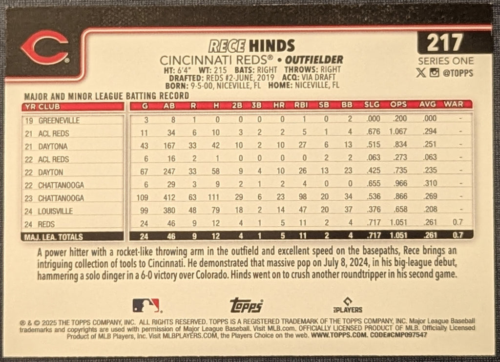 2025 Topps Series 1 Diamante Parallel Rece Hinds #217 Reds RC image 2
