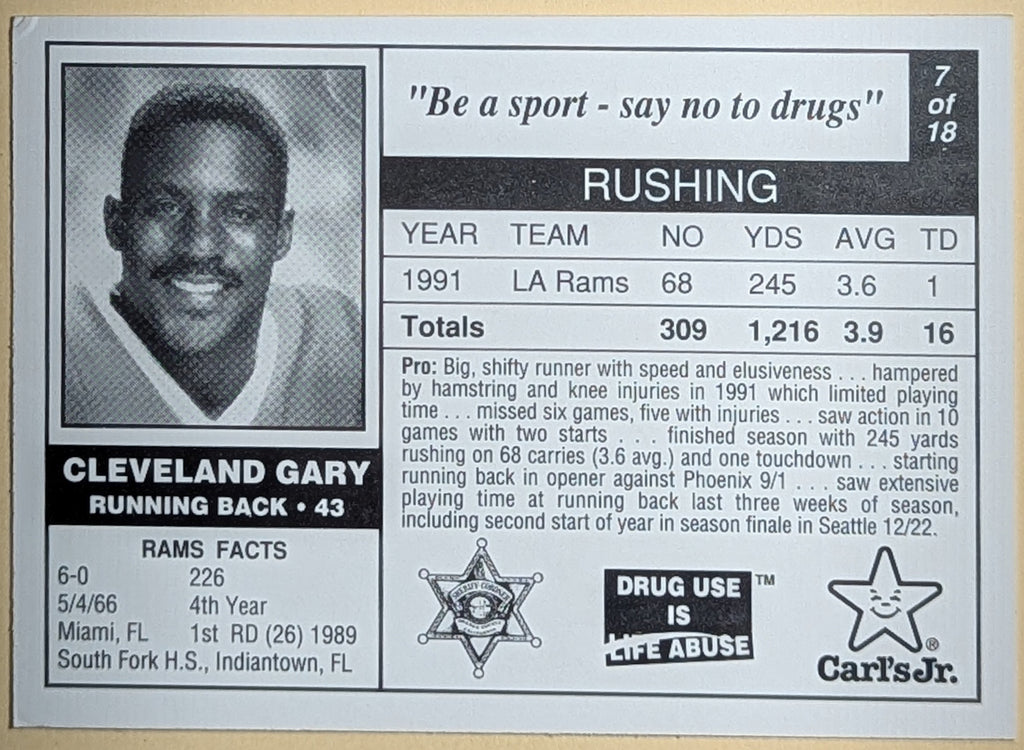 1992 Carl's Jr. Anti Drugs Cleveland Gary Los Angeles Rams #7 Promo Card image 2