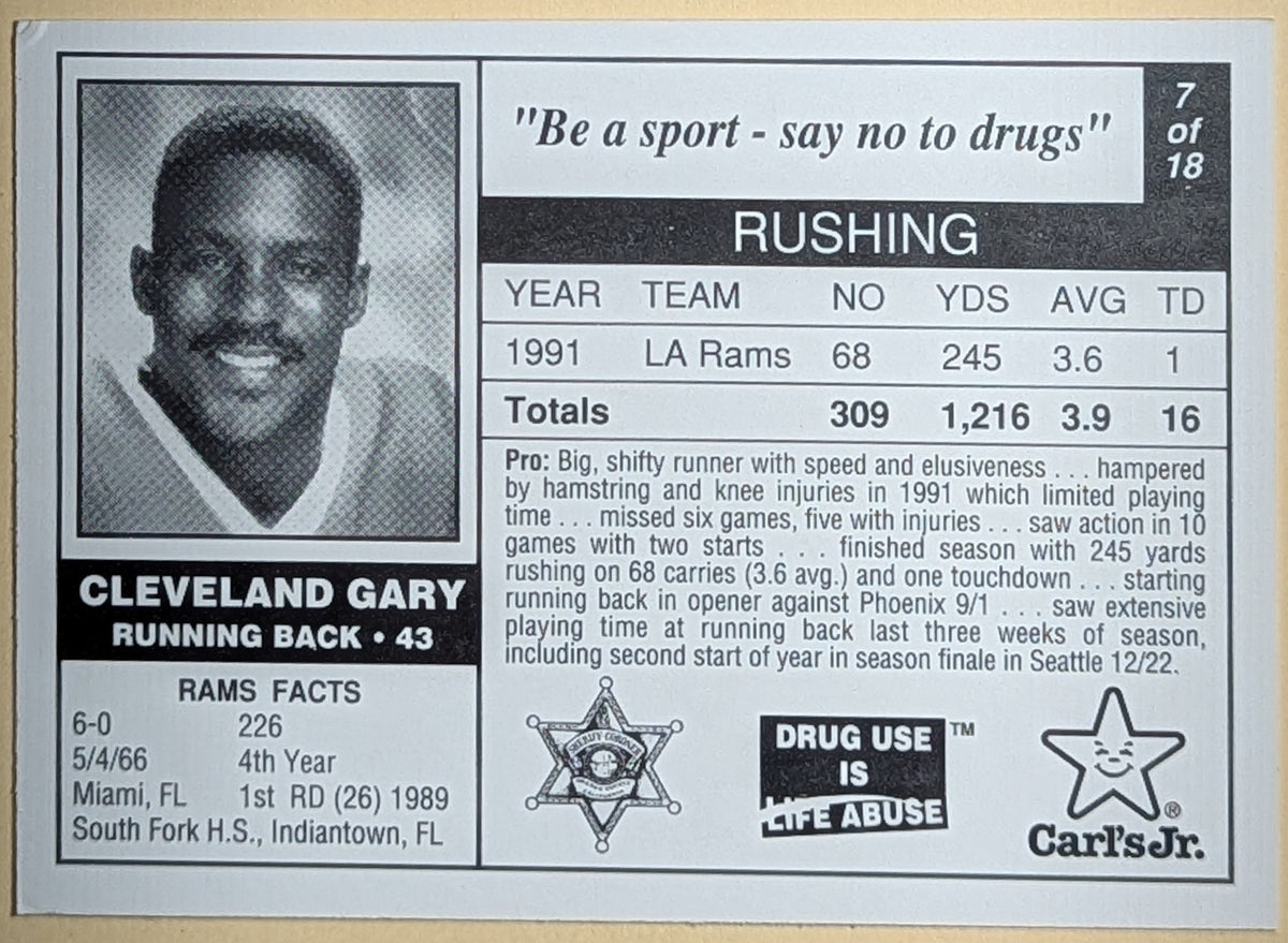 1992 Carl's Jr. Anti Drugs Cleveland Gary Los Angeles Rams #7 Promo Card image 2