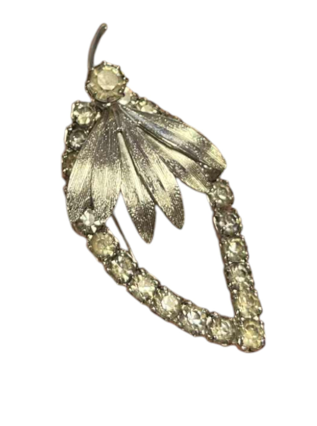 Vintage Leaf Flower Rhinestone Silvertone Brooch Pin