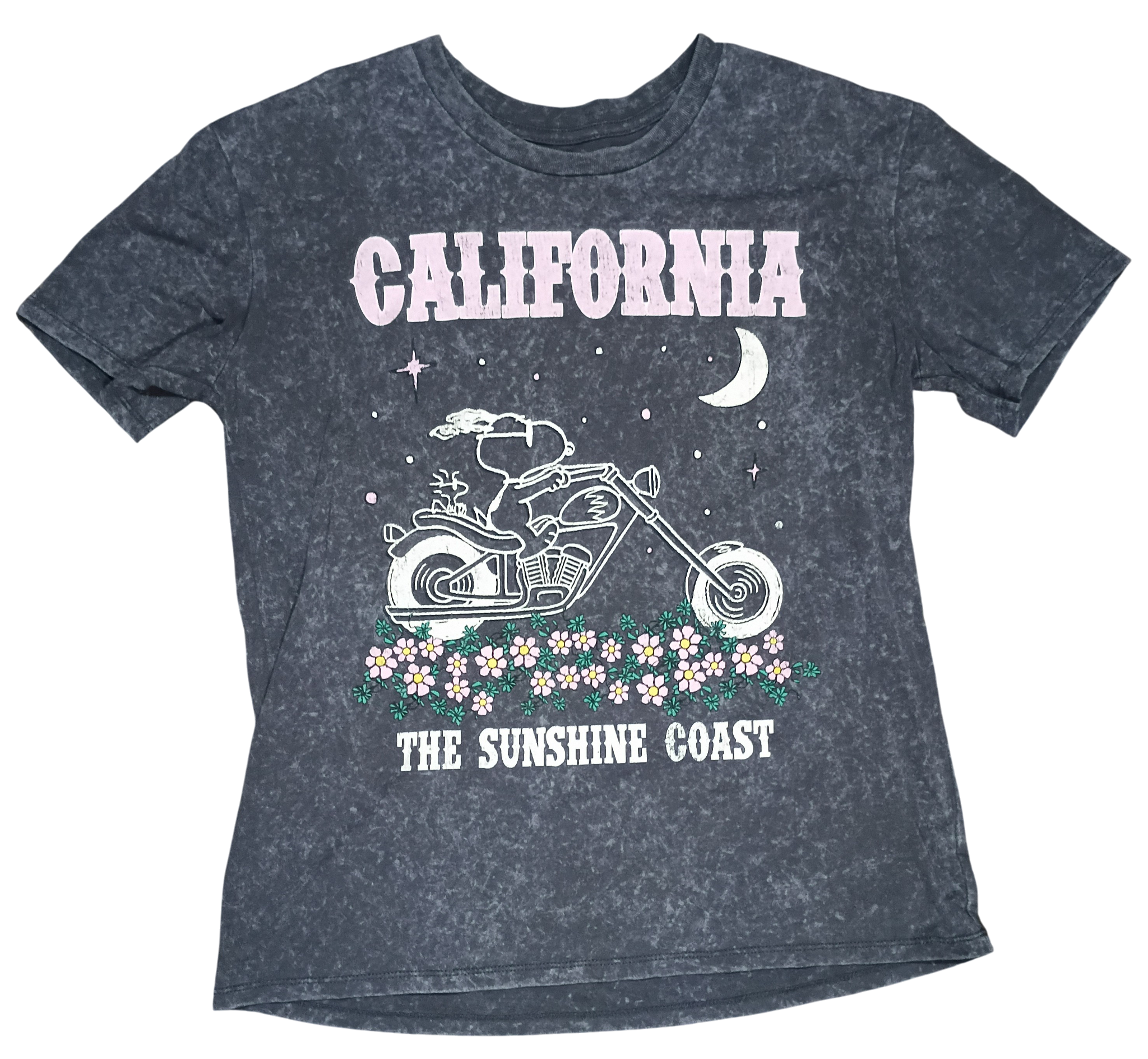Peanuts Snoopy On Motorcycle California Sunshine Coast Stone Wash T-Shirt Size M