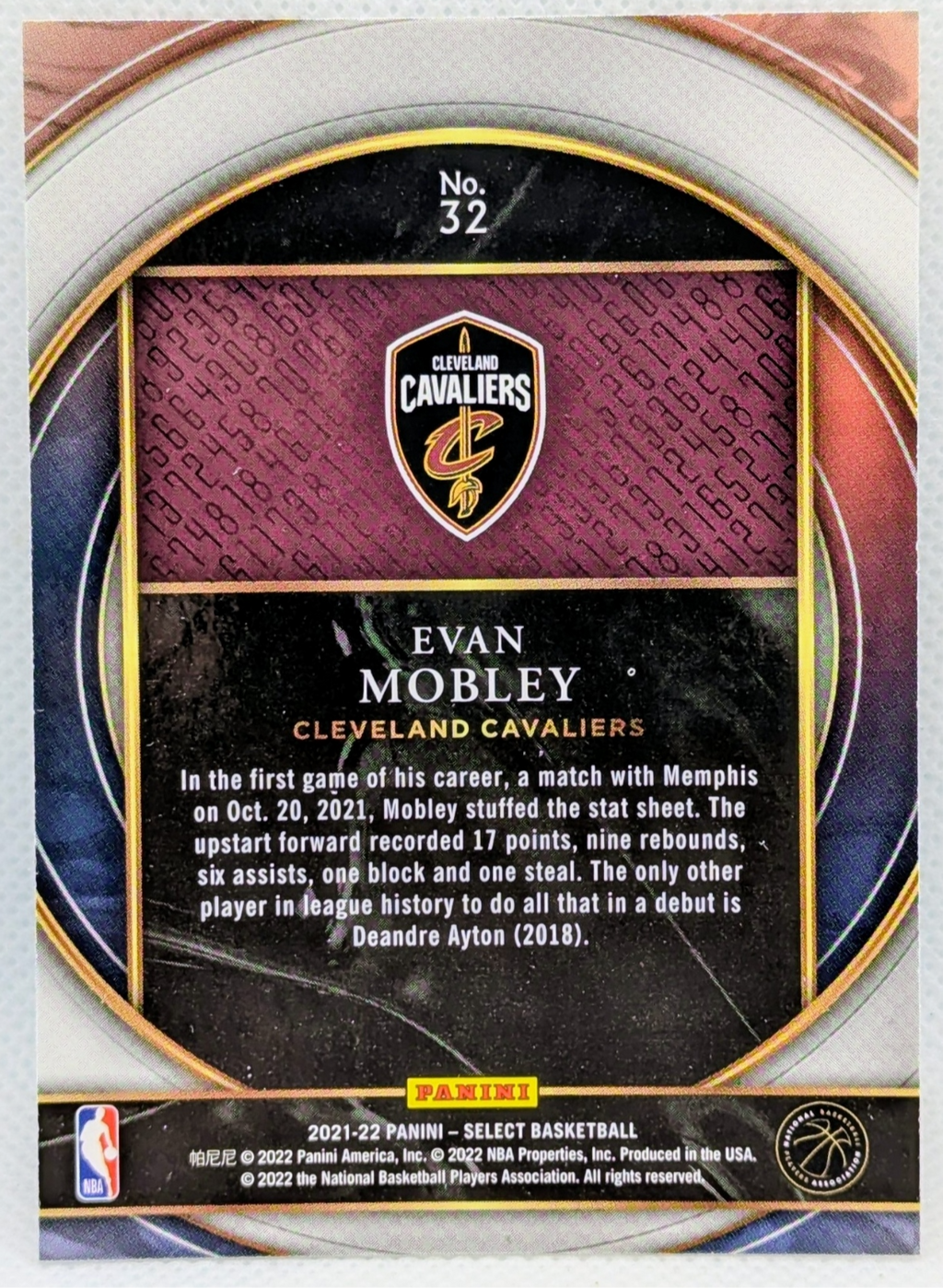2021-22 Panini Select Evan Mobley RC Rookie Numbers #32 Cleveland Cavaliers image 2