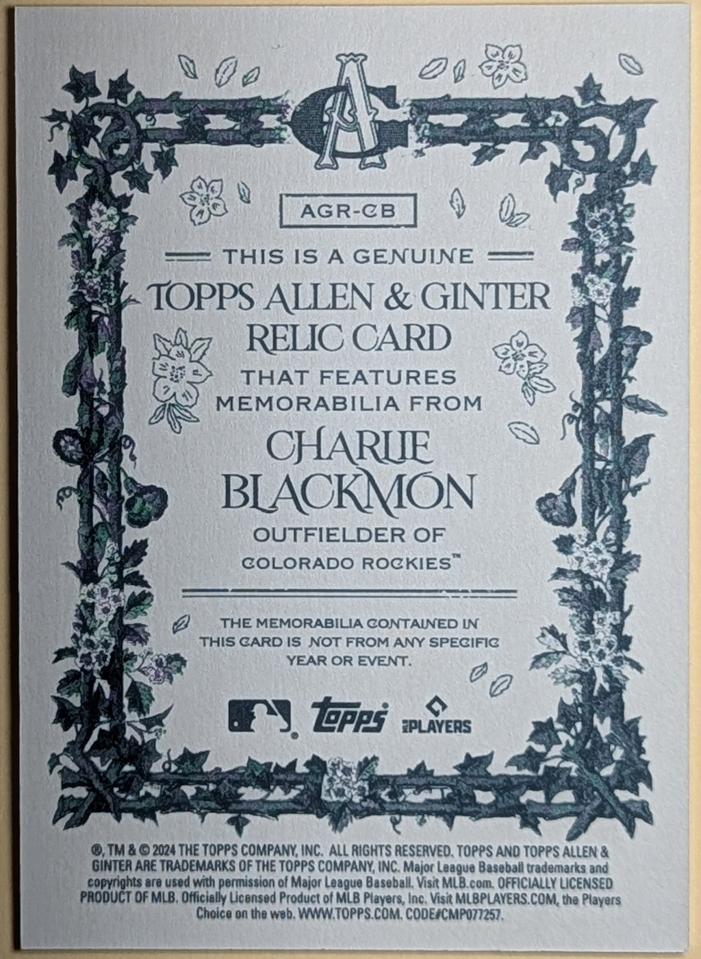 2024 Topps Allen & Ginter Charlie Blackmon Relic AGR-CB Colorado Rockies image 2