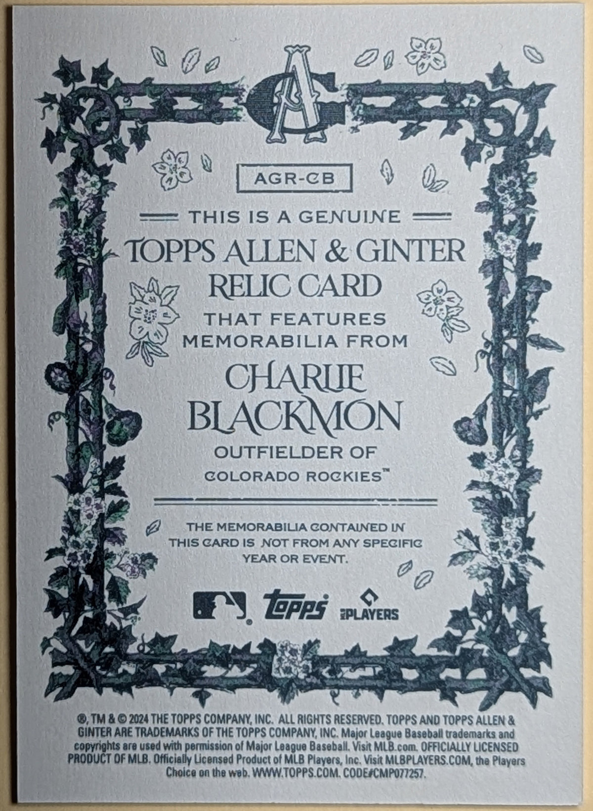 2024 Topps Allen & Ginter Charlie Blackmon Relic AGR-CB Colorado Rockies image 2