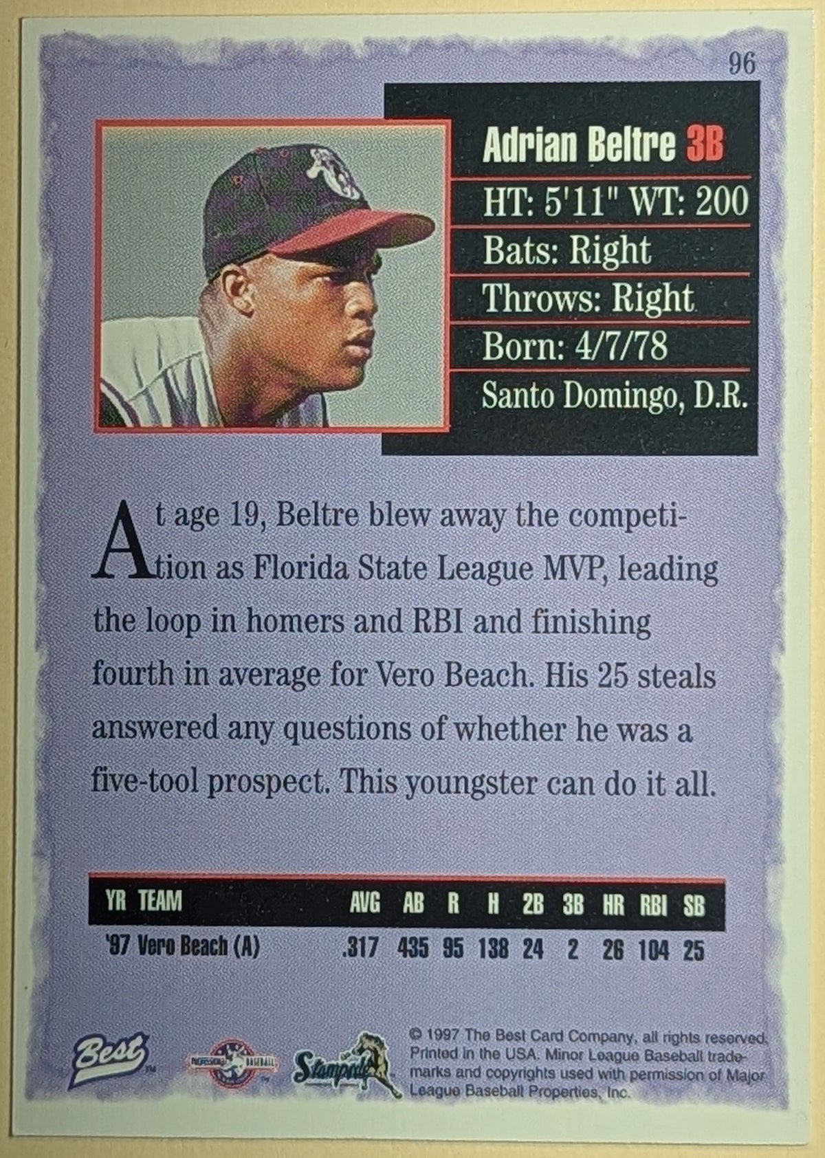 1997 Best Adrian Beltre Savannah Stampede Rookie Card #96 image 2