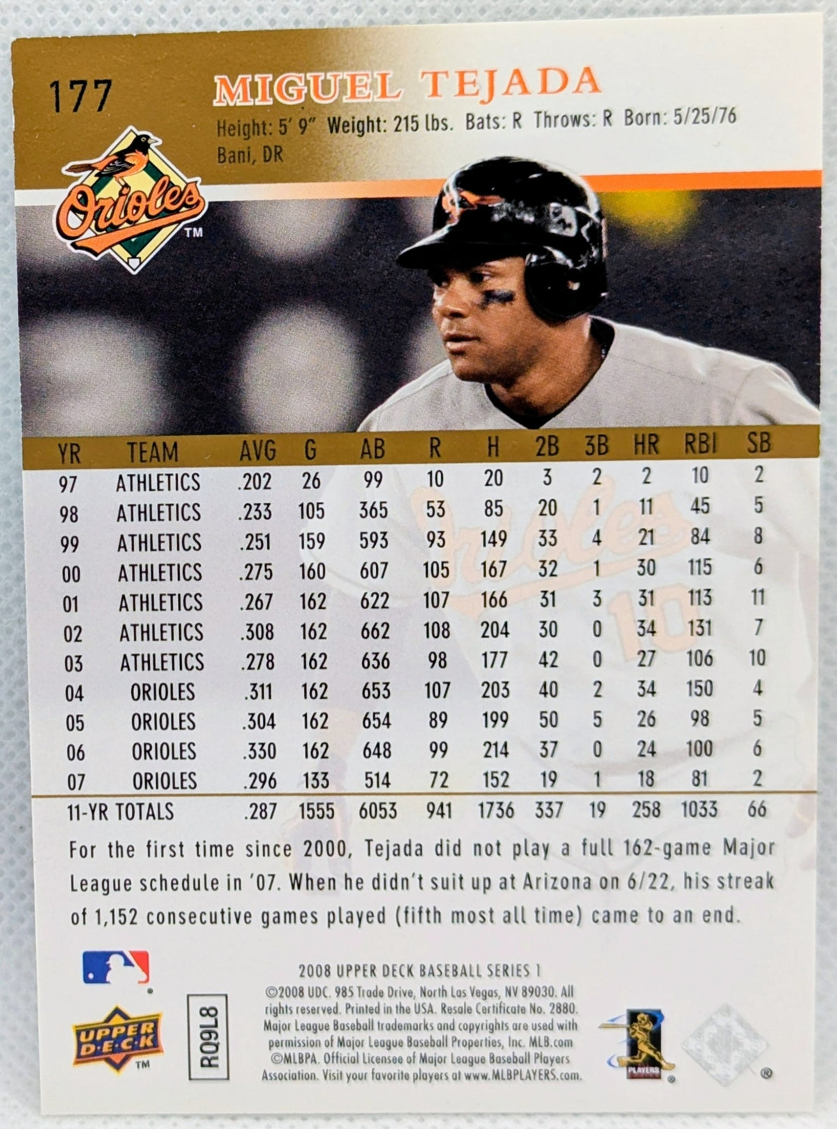 2008 Upper Deck #177 Miguel Tejada Baltimore Orioles /99 image 2