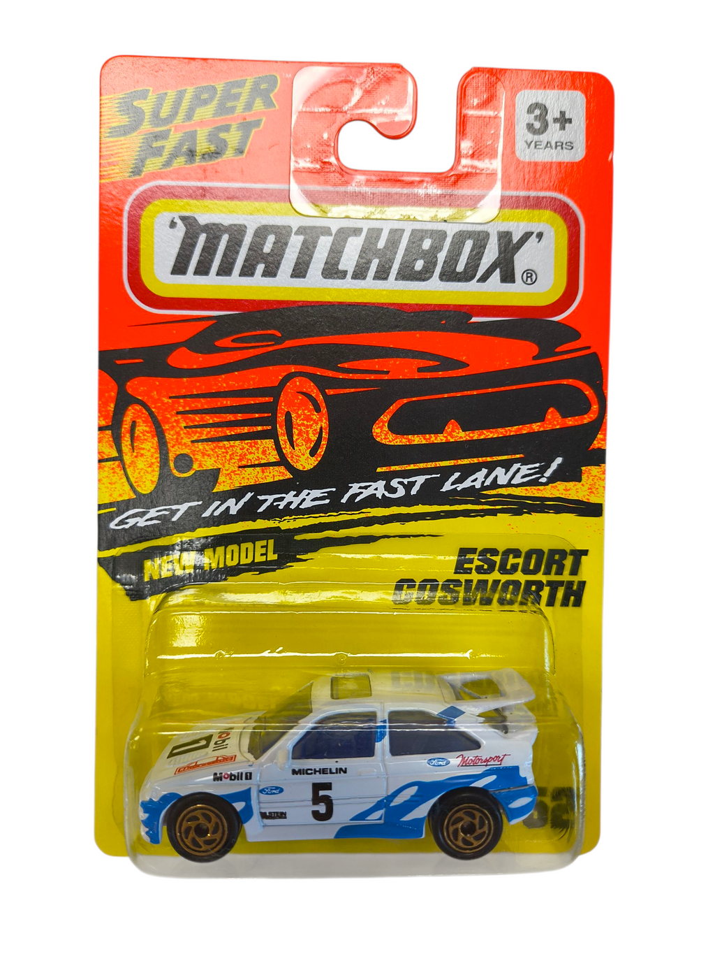 1993 Matchbox Super Fast #52 Ford Escort Cosworth Mobile 1 White Rally Car