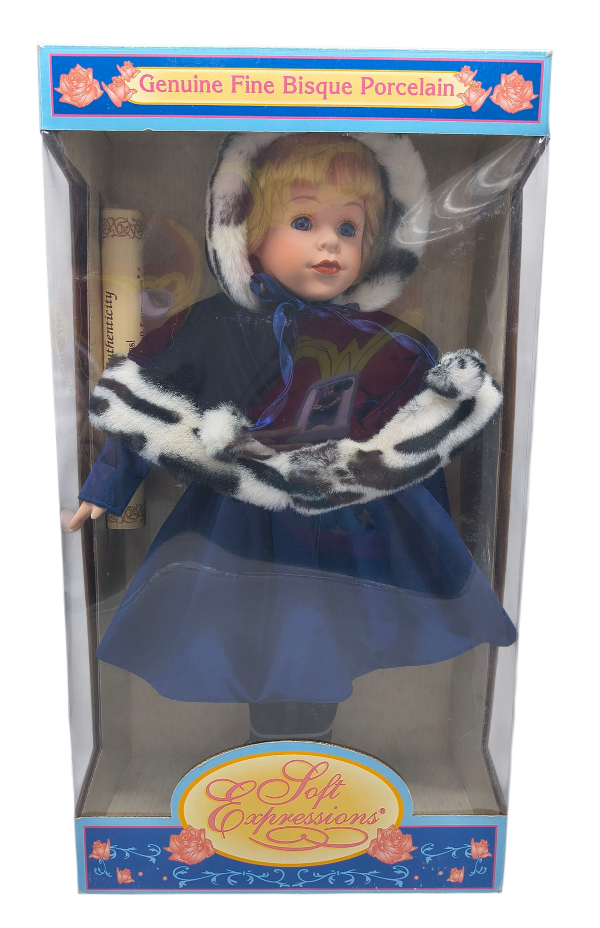 Dan Dee Soft Expressions Genuine Fine Bisque Winter Doll w/ Blue Dress And Cape