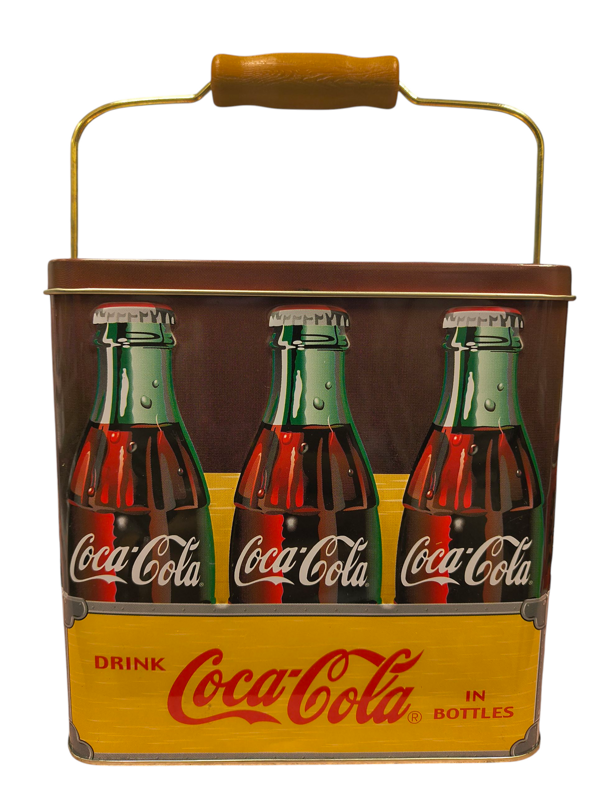 Coca Cola 25 Cent Bottle Carton Tin Mini Lunch Box With Wood Covered Handle