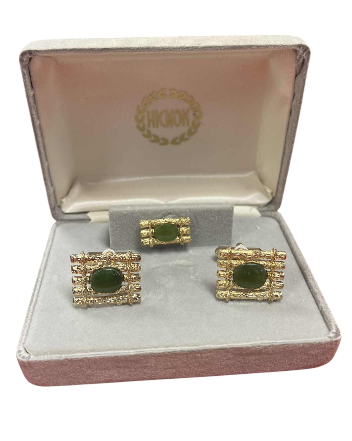 Vtg Hickok Green Jade Gold Tone Mesh Wrap Around Cuff Link Tie Tack Set