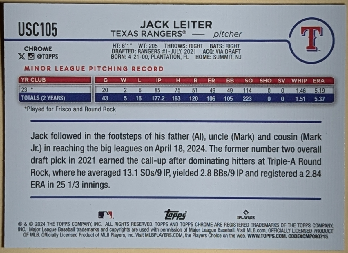2024 Topps Chrome Update #USC105 Jack Leiter X-Fractor Texas Rangers RC image 2