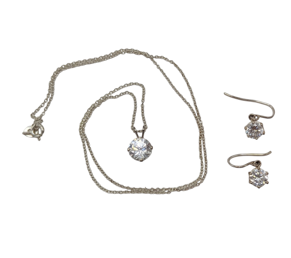 .925 Sterling Silver Cubic Zirconia Pendant 18" Necklace And Earring Set