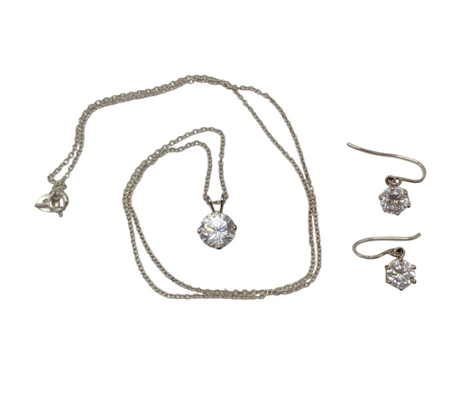 .925 Sterling Silver Cubic Zirconia Pendant 18" Necklace And Earring Set